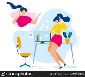 Cartoon Woman Talk on Mobile Phone. Friend Conversation Vector Illustration. Female Office Worker Coffee Break. Smartphone Chatting Girl. Friendship Gossip. Relaxation at Workplace Room. Cartoon Woman Mobile Phone Friend Conversation