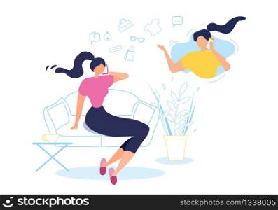 Cartoon Woman Talk on Mobile Phone Home Sit on Sofa Vector Illustration. Girls Discuss Cosmetics and Fashion Topic. Female Friend Conversation. Smartphone Communication. Gossip Chatting Friendship. Cartoon Woman Talk Mobile Phone at Home Sit Sofa