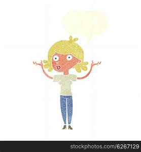 cartoon woman throwing arms in air with speech bubble