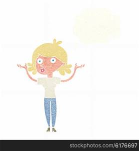 cartoon woman throwing arms in air with thought bubble