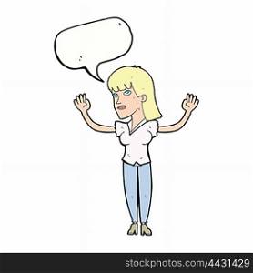 cartoon woman throwing hands in air with speech bubble