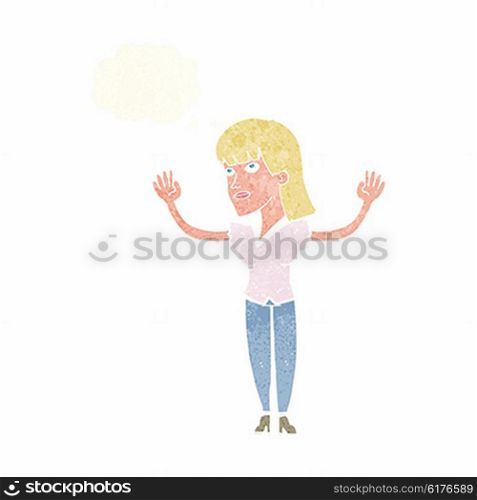 cartoon woman throwing hands in air with thought bubble
