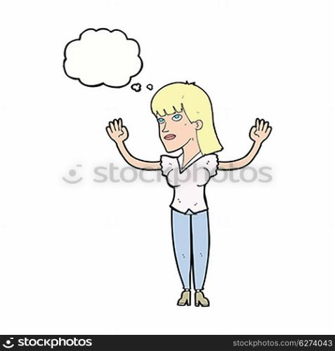 cartoon woman throwing hands in air with thought bubble