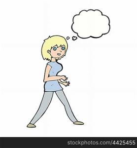 cartoon woman walking with thought bubble