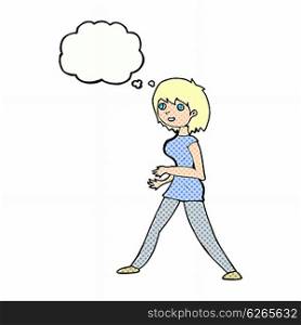 cartoon woman walking with thought bubble