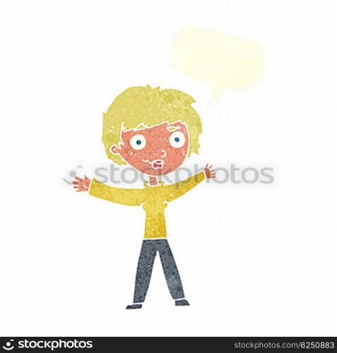 cartoon woman waving arms with speech bubble