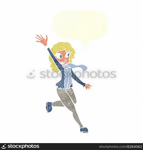 cartoon woman waving dressed for winter with speech bubble
