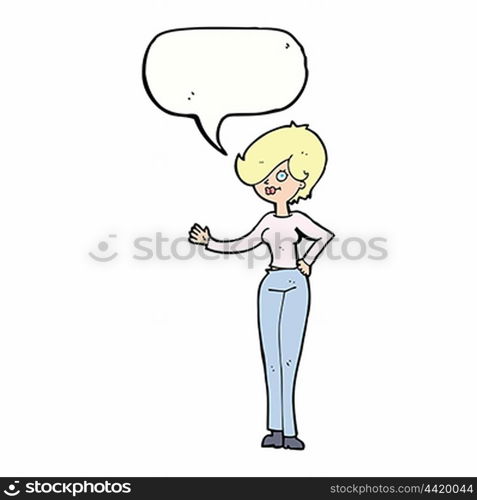 cartoon woman waving with speech bubble