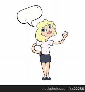 cartoon woman waving with speech bubble