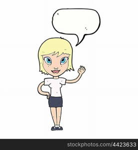 cartoon woman waving with speech bubble