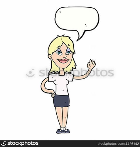 cartoon woman waving with speech bubble