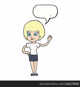 cartoon woman waving with speech bubble