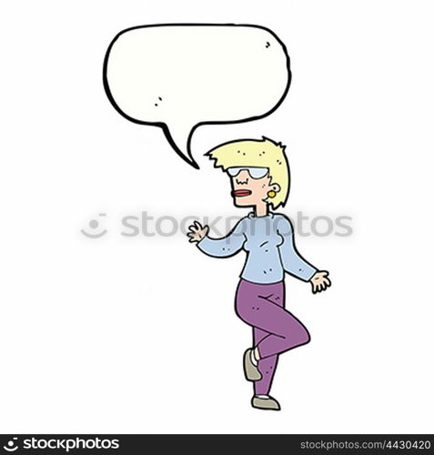 cartoon woman waving with speech bubble