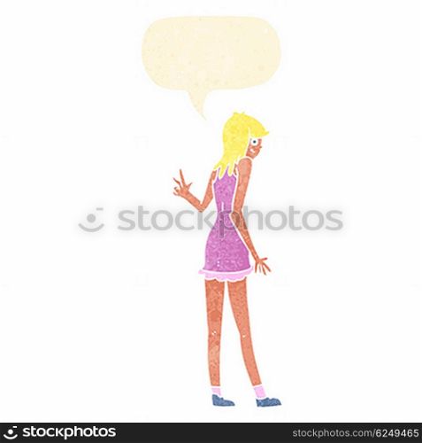 cartoon woman waving with speech bubble