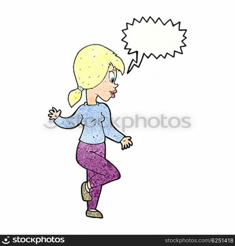 cartoon woman waving with speech bubble