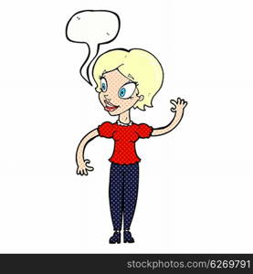 cartoon woman waving with speech bubble