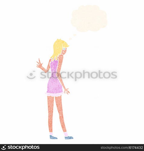 cartoon woman waving with thought bubble