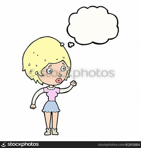 cartoon woman waving with thought bubble