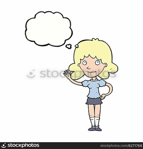 cartoon woman waving with thought bubble