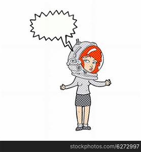 cartoon woman wearing astronaut helmet with speech bubble
