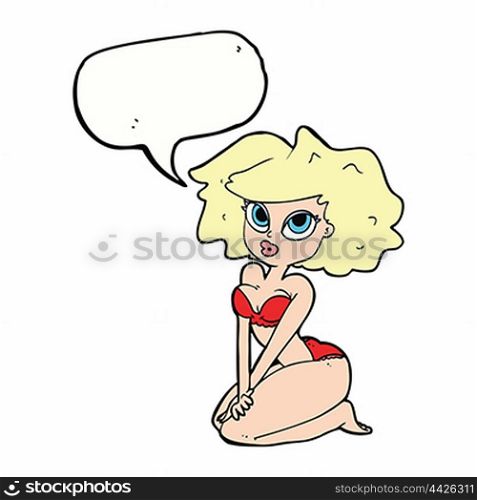 cartoon woman wearing bikini with speech bubble