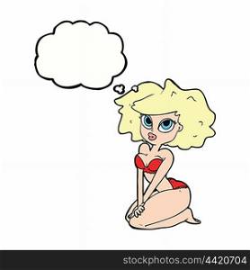 cartoon woman wearing bikini with thought bubble
