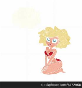 cartoon woman wearing bikini with thought bubble