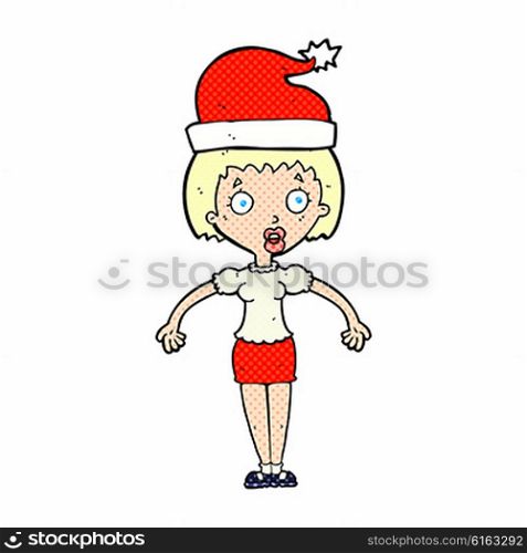 cartoon woman wearing christmas hat shrugging shoulders