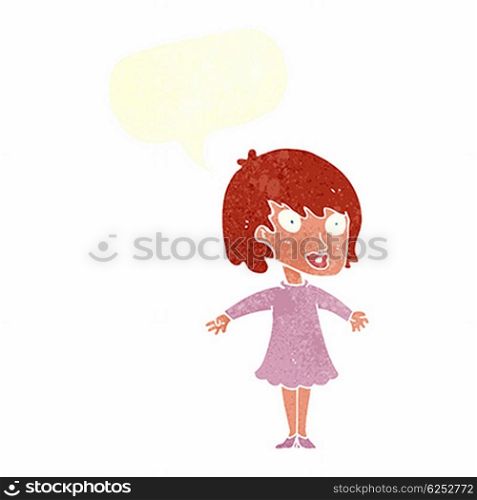 cartoon woman wearing dress with speech bubble