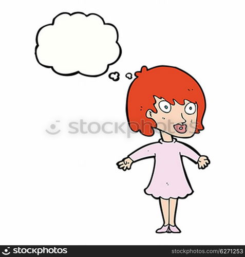 cartoon woman wearing dress with thought bubble