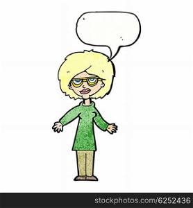 cartoon woman wearing glasses with speech bubble