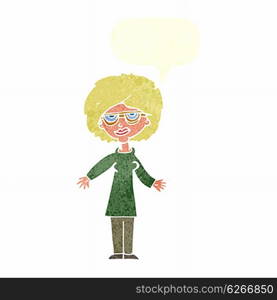 cartoon woman wearing glasses with speech bubble