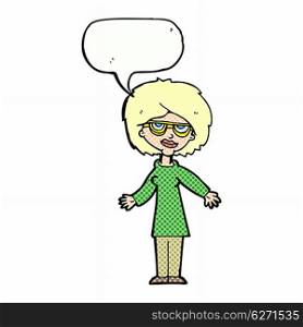 cartoon woman wearing glasses with speech bubble