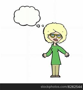 cartoon woman wearing glasses with thought bubble