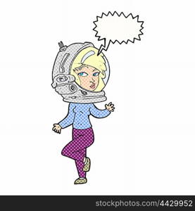 cartoon woman wearing space helmet with speech bubble