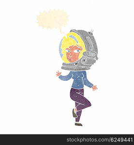 cartoon woman wearing space helmet with speech bubble