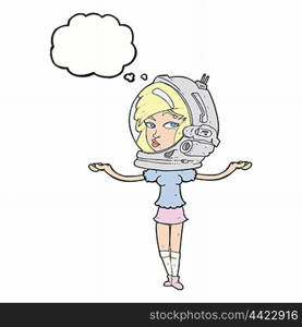 cartoon woman wearing space helmet with thought bubble