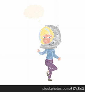 cartoon woman wearing space helmet with thought bubble