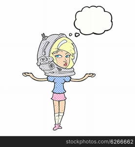 cartoon woman wearing space helmet with thought bubble