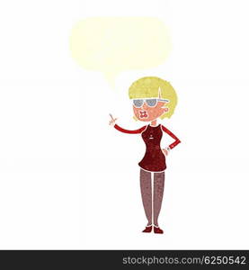 cartoon woman wearing spectacles with speech bubble