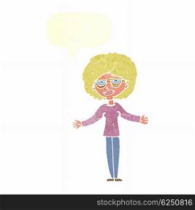 cartoon woman wearing spectacles with speech bubble