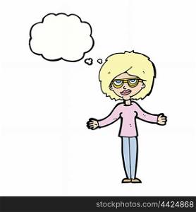 cartoon woman wearing spectacles with thought bubble