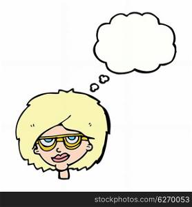 cartoon woman wearing spectacles with thought bubble
