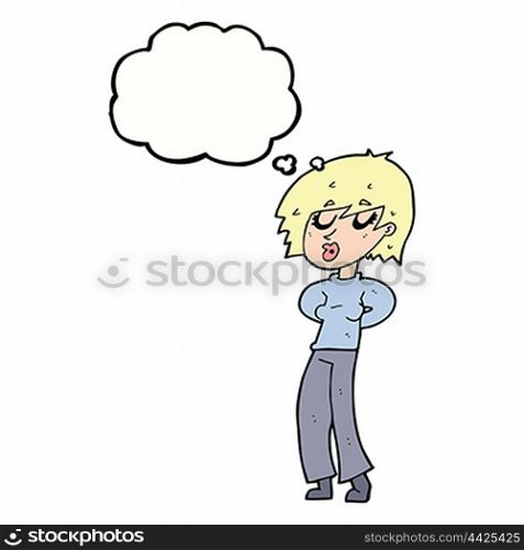 cartoon woman whistling with thought bubble