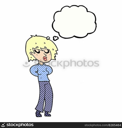 cartoon woman whistling with thought bubble