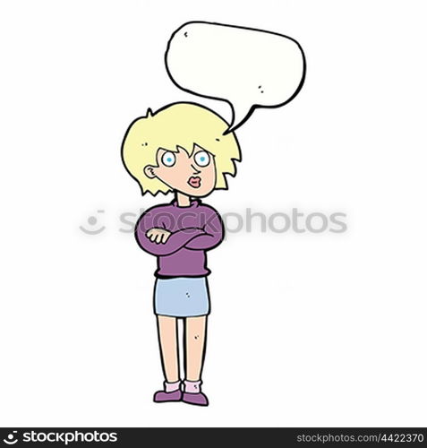 cartoon woman wit crossed arms with speech bubble