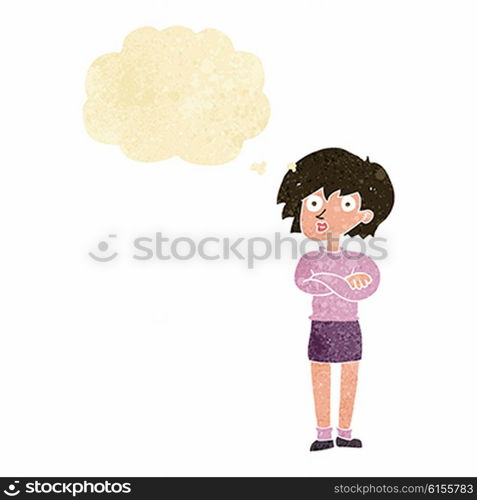 cartoon woman wit crossed arms with thought bubble