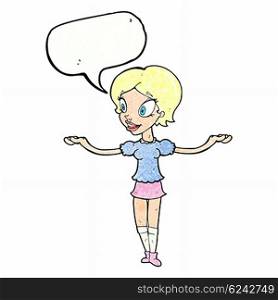 cartoon woman with arms spread wide with speech bubble
