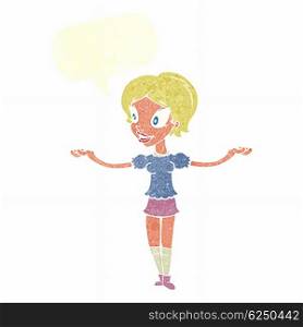 cartoon woman with arms spread wide with speech bubble