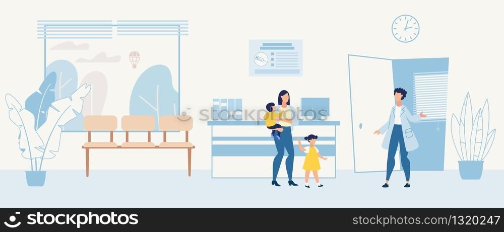 Cartoon Woman with Children Visiting Pediatrician. Doctor in Uniform Welcoming Young Patients with Mother. Clinic Hall or Corridor Modern Flat Interior with Reception Desk. Vector Illustration. Cartoon Woman with Children Visiting Pediatrician